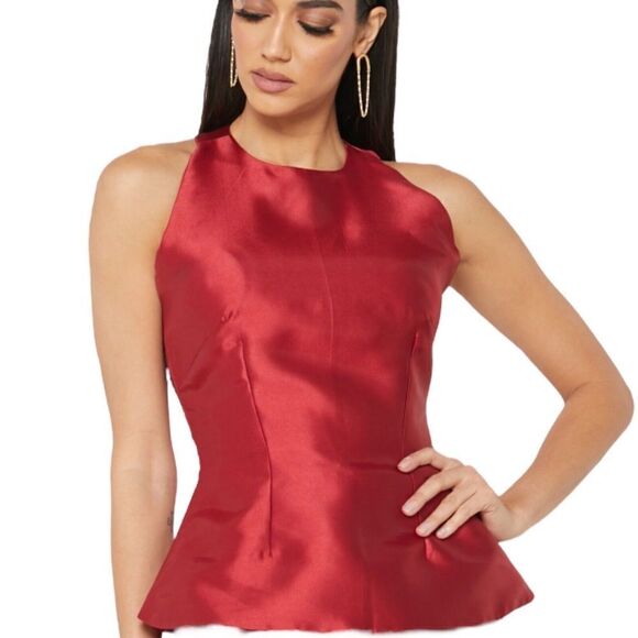 Imad Eduso Top Womens 14 Red Blouse Peplum Sleeves Cutout High Neck Satin - Picture 1 of 11